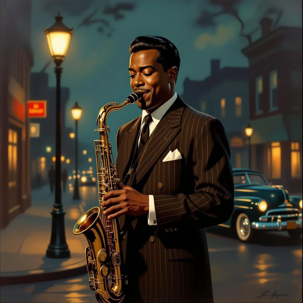 Black Jazz Saxophonist on 1940s Hollywood Street, Oil Painti...