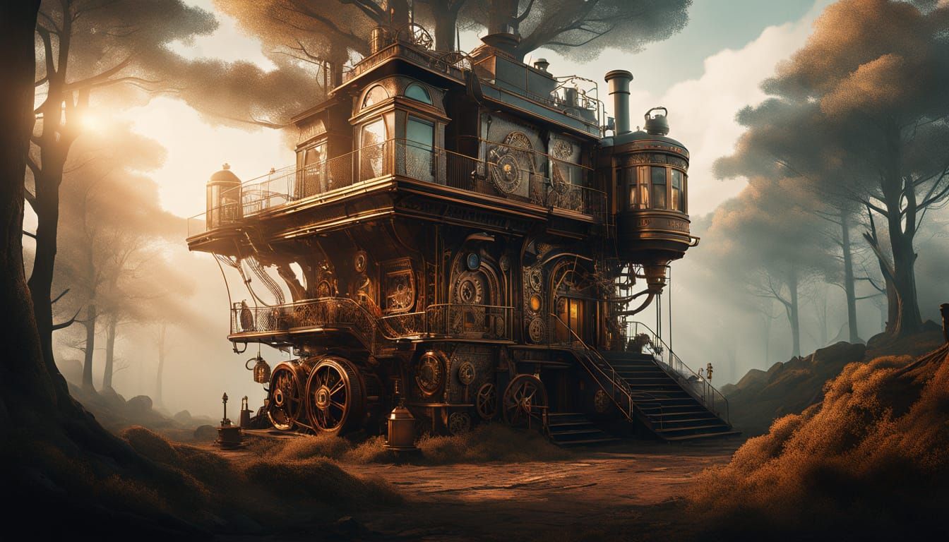 Steampunk Treehouse in a Vibrant Forest of Wonder
