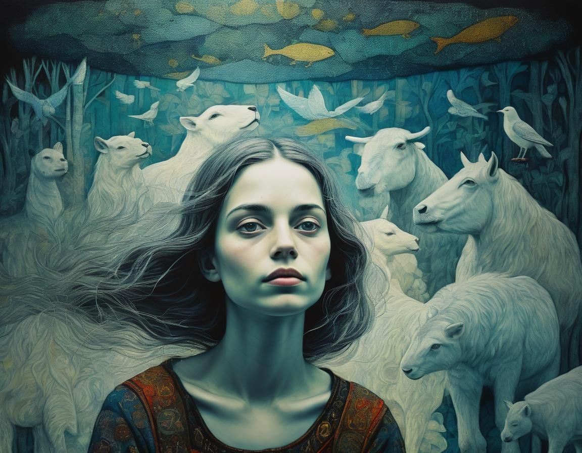 Woman's Quest for Peace in Medieval Art Style