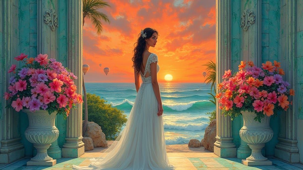 Majestic Woman with Hibiscus in Art Nouveau Style