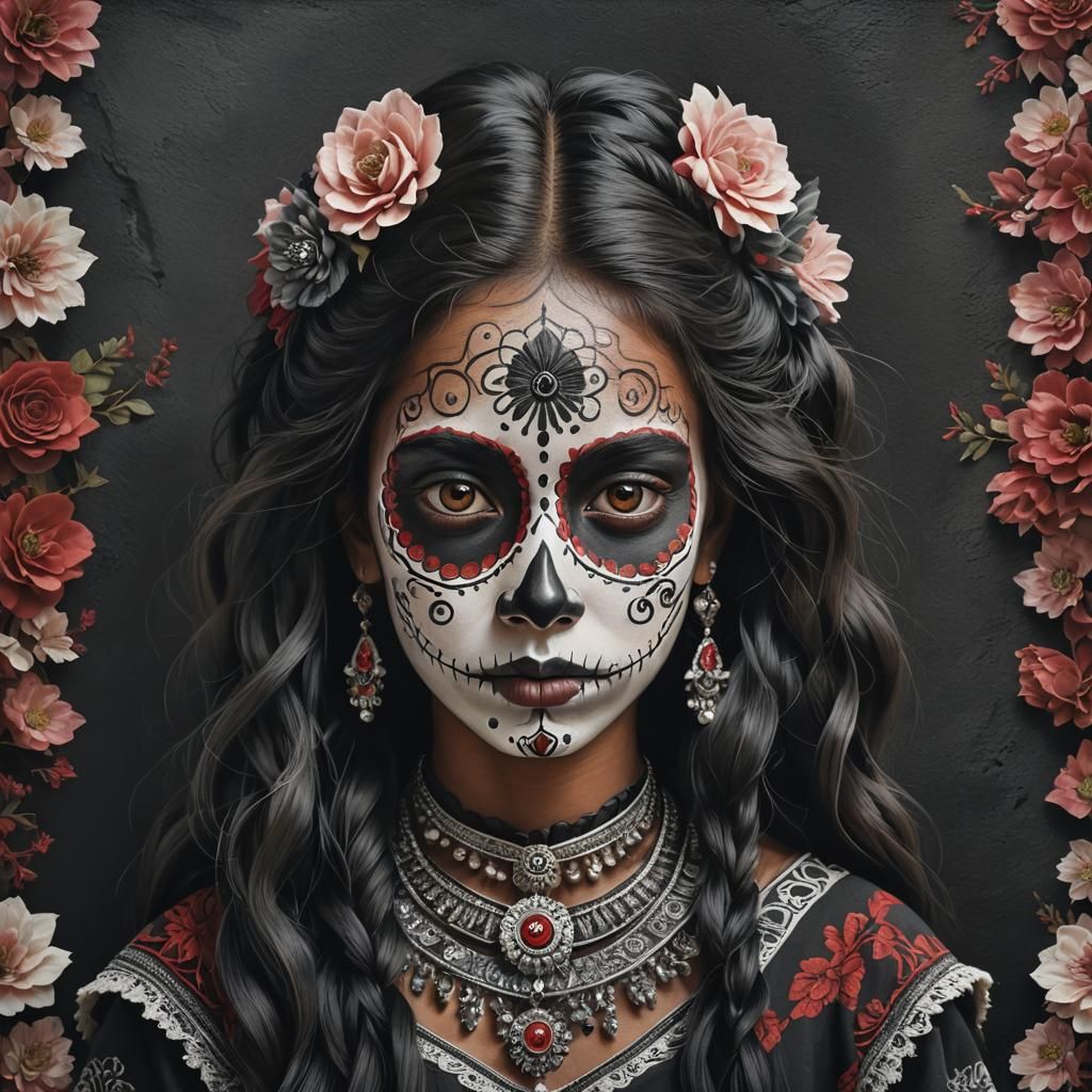 Hyperrealistic Portrait of Catrina in Volcanic Colors
