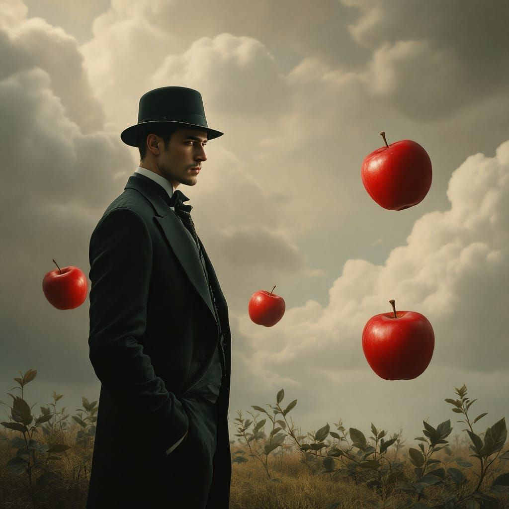 Man in Bowler Hat in Surreal Landscape, Magritte Style