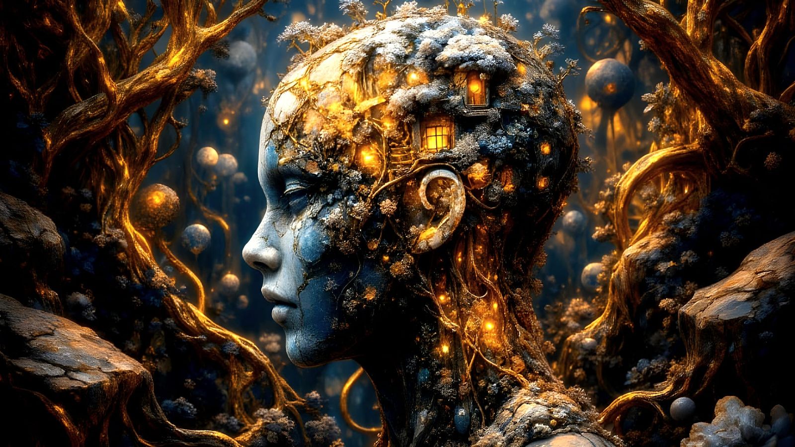 Escher-Inspired Head Silhouette with Interior Rooms