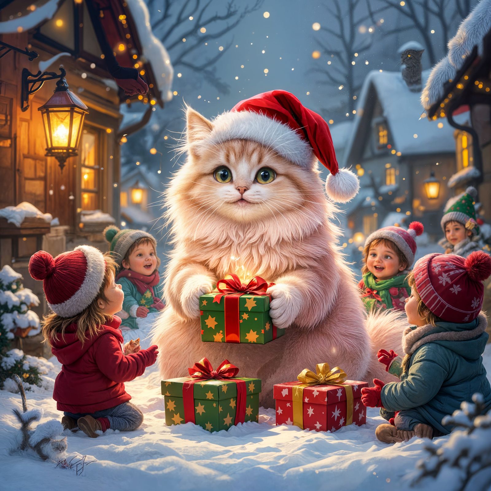 Pink Cat Distributes Gifts to Children in Rustic Village