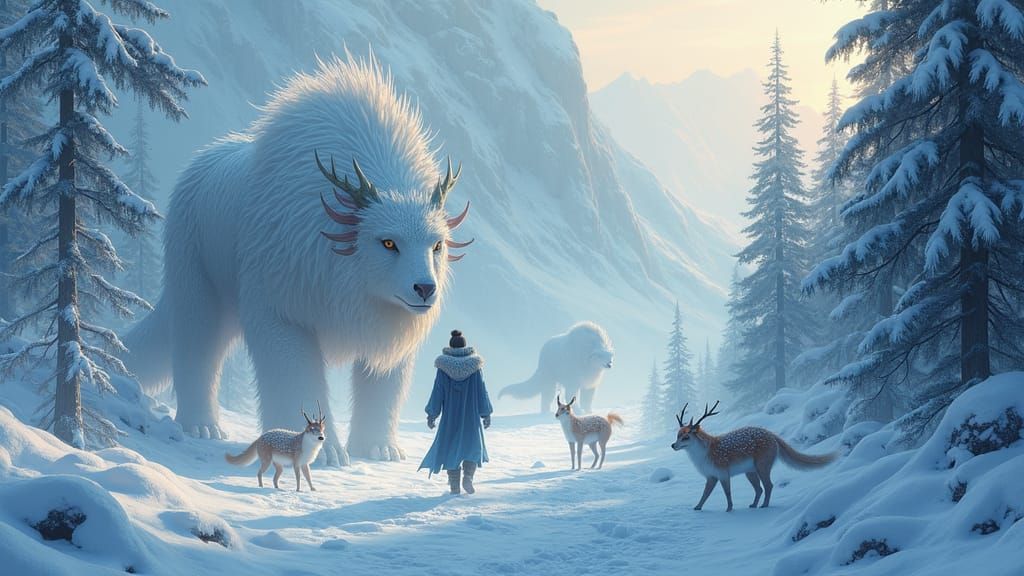 Snowy Scene with Mythical Creatures: Digital Art