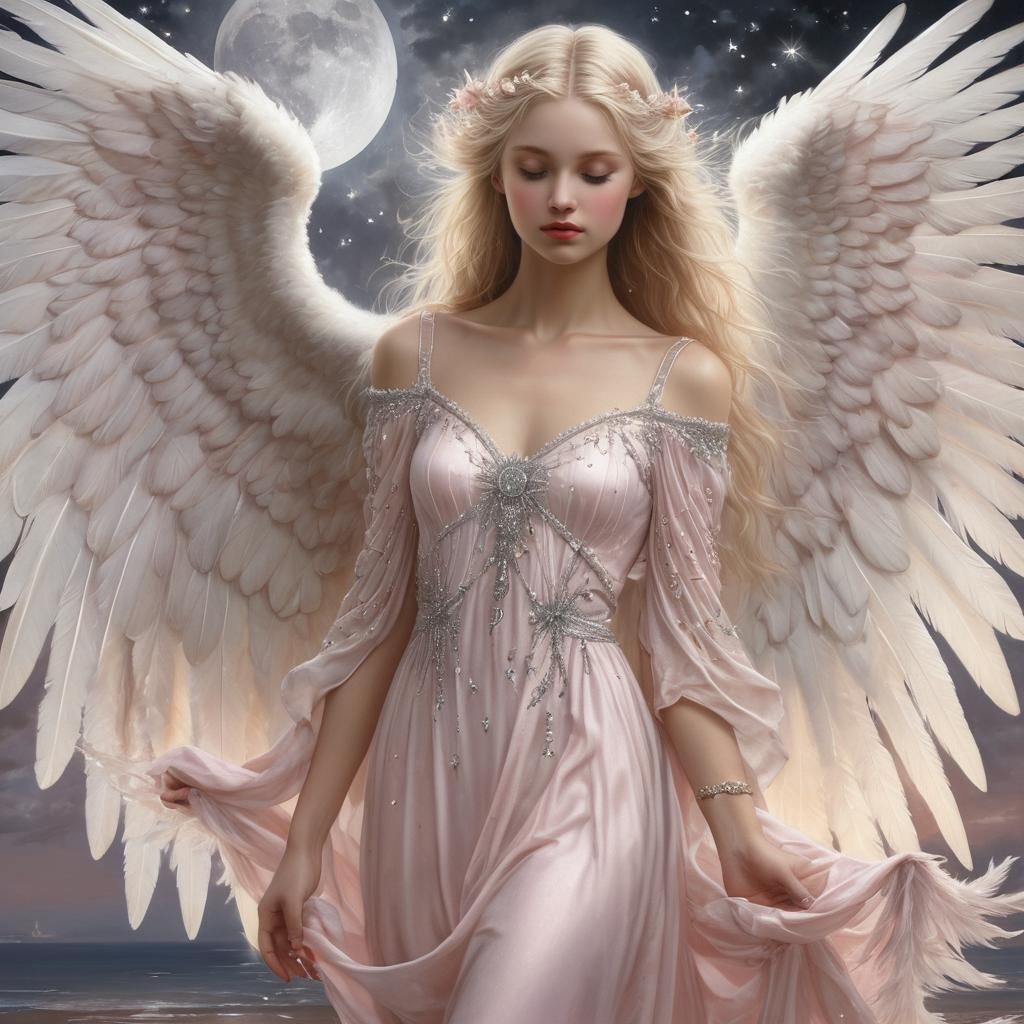 Dreamy Angel with White Wings in Fairytale Nightscape