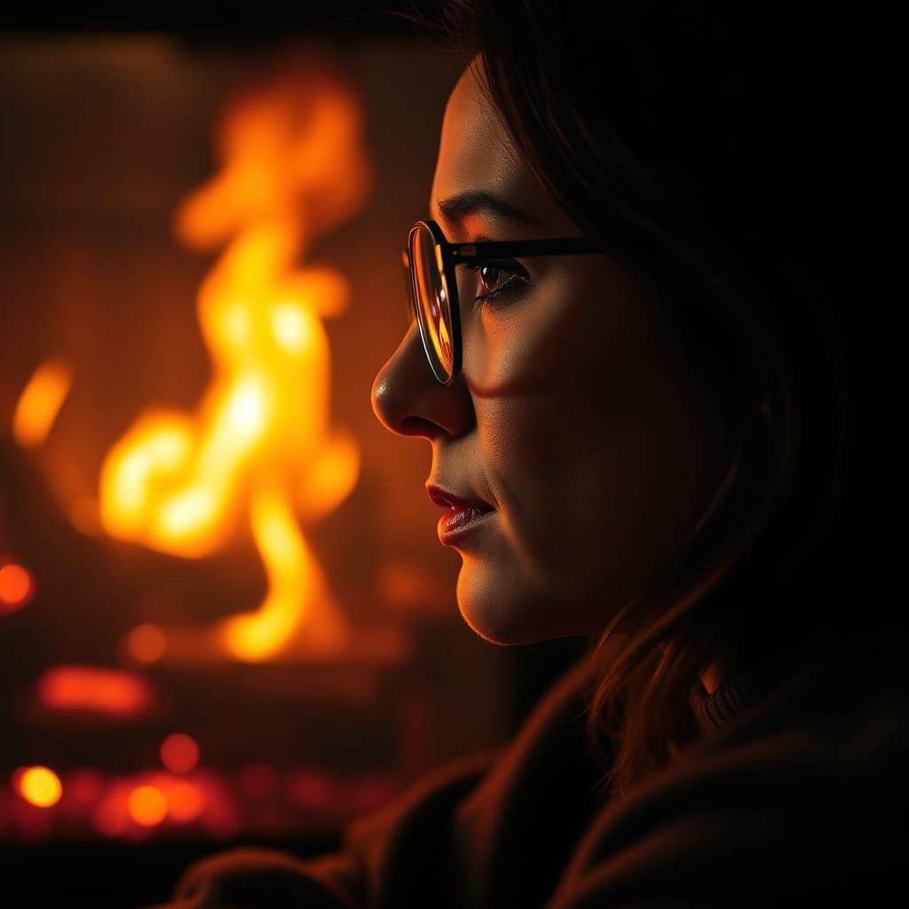 Hyperrealistic Portrait of a Woman by the Fireside