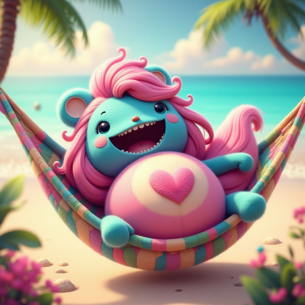 Cute Fantasy Creature Soaks Up the Sun in a Vibrant Beach Sc...