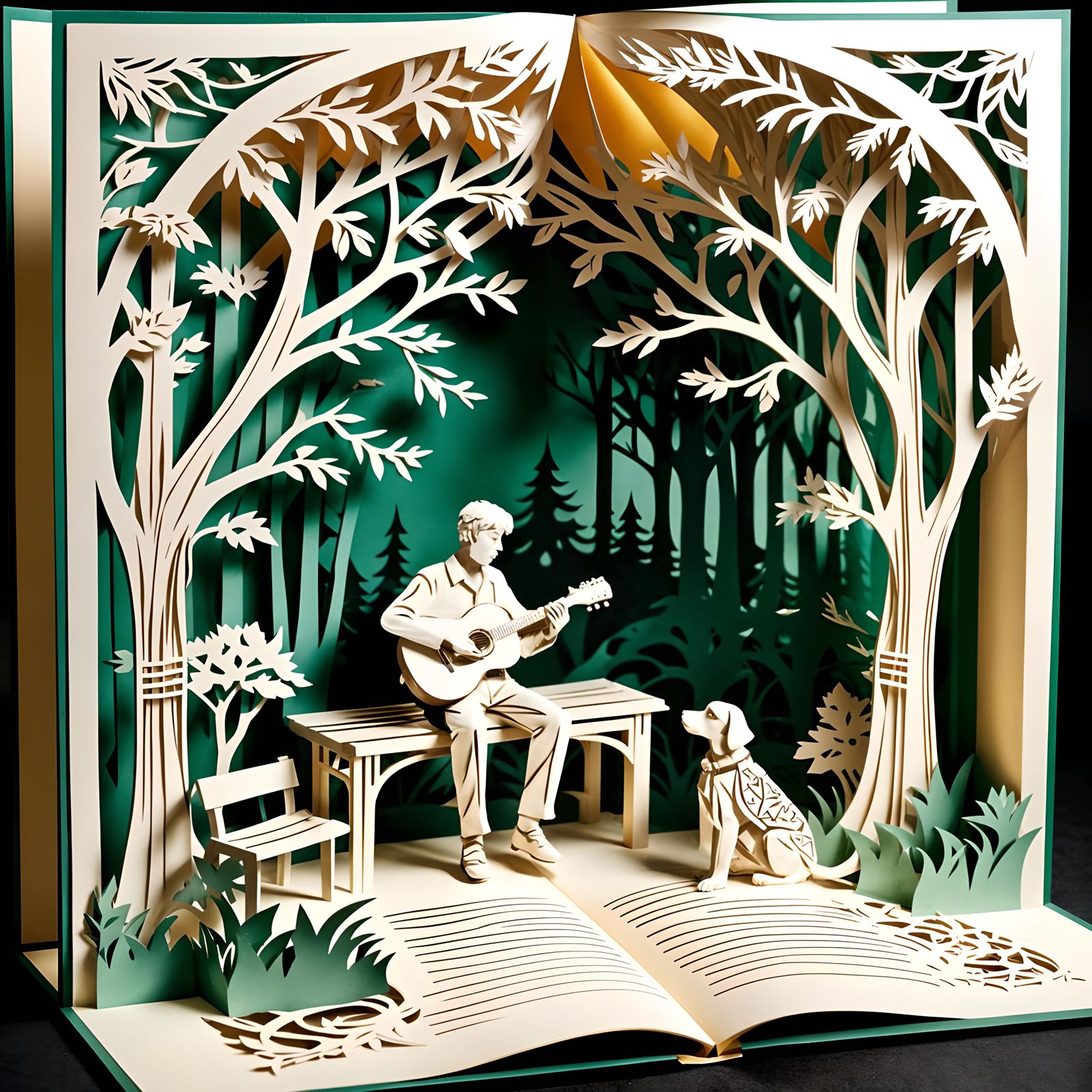 Kirigami Art: Man and Dog in Paper Garden