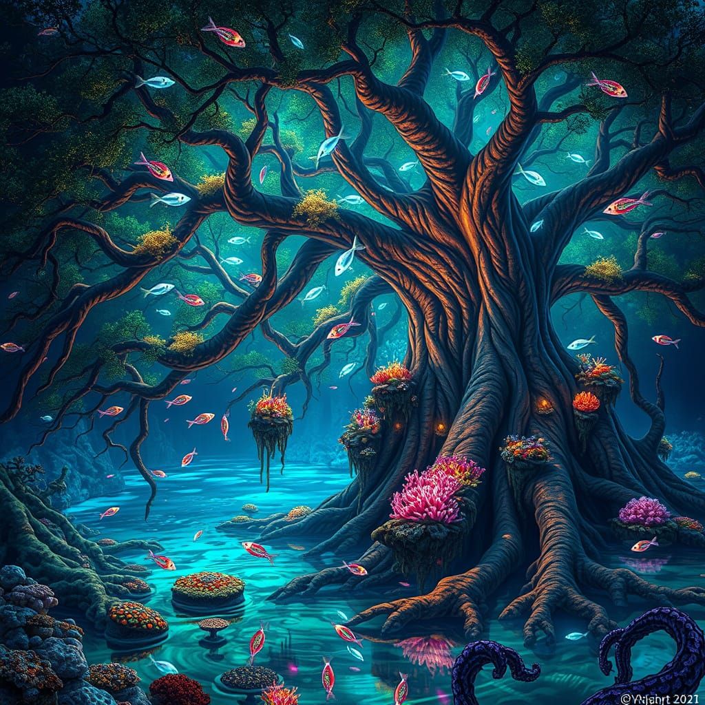 Ancient Tree Coral Reef in Cosmic Surrealist Style