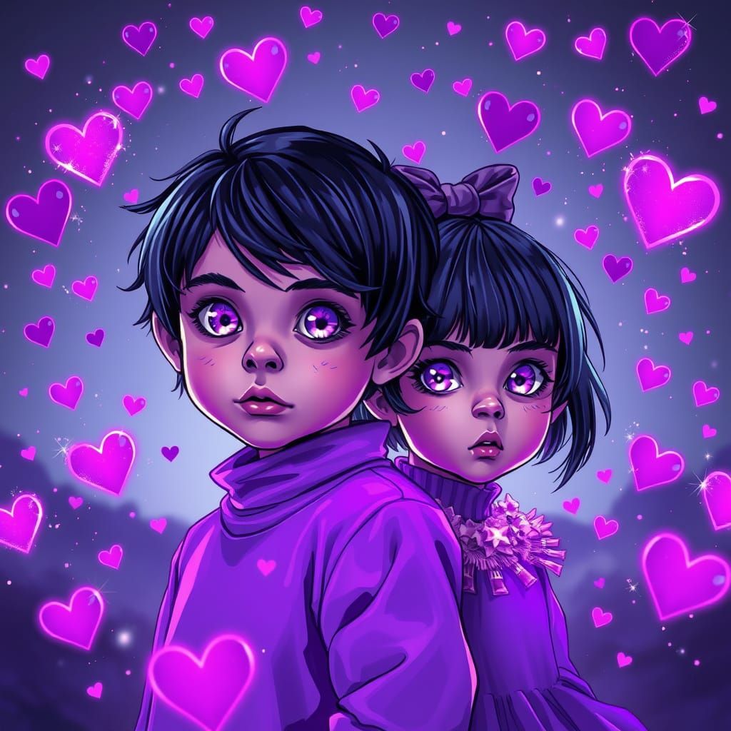 Gothic Futuristic Disney-Inspired Twins in Neon Wonderland