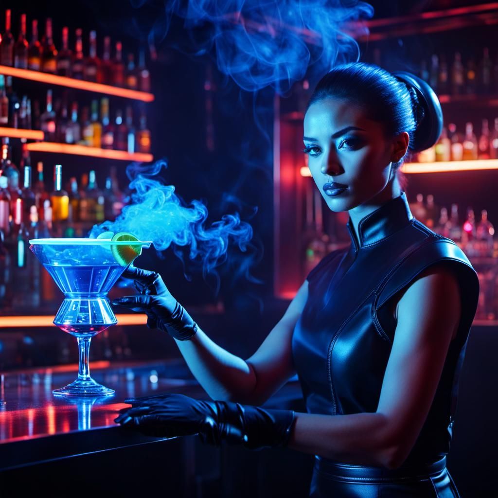 Futuristic Robotic Bartender Serving Glowing Cocktail