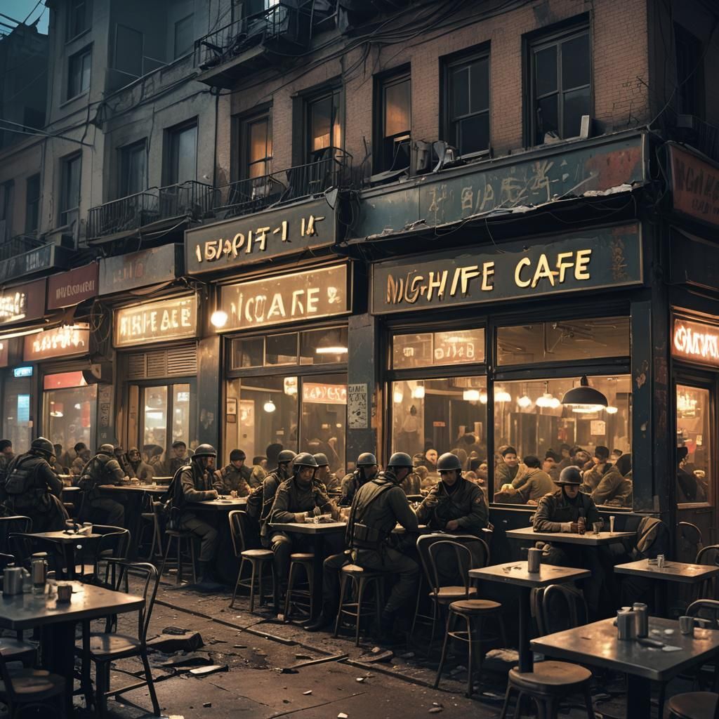 Night Café Scene in War-Torn City