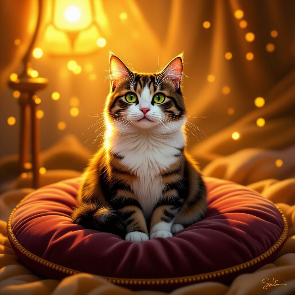 Majestic Cat on Velvet Cushion with Golden Light
