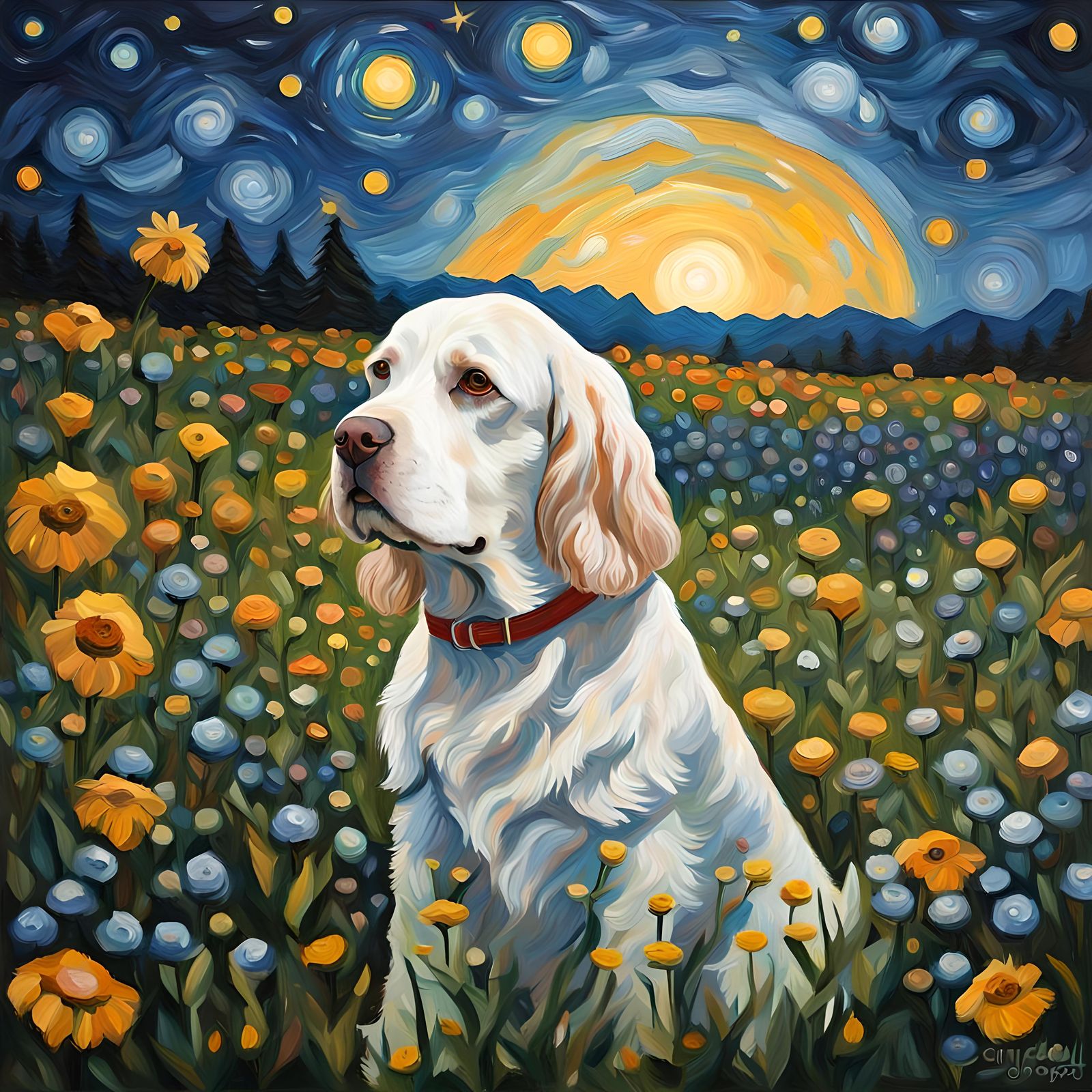 Clumber Spaniel Gazing at Stars in Van Gogh Style