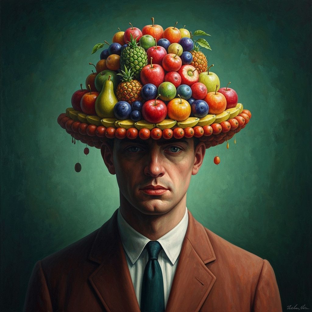 Man with Fruit Hat: Surreal Oil Painting