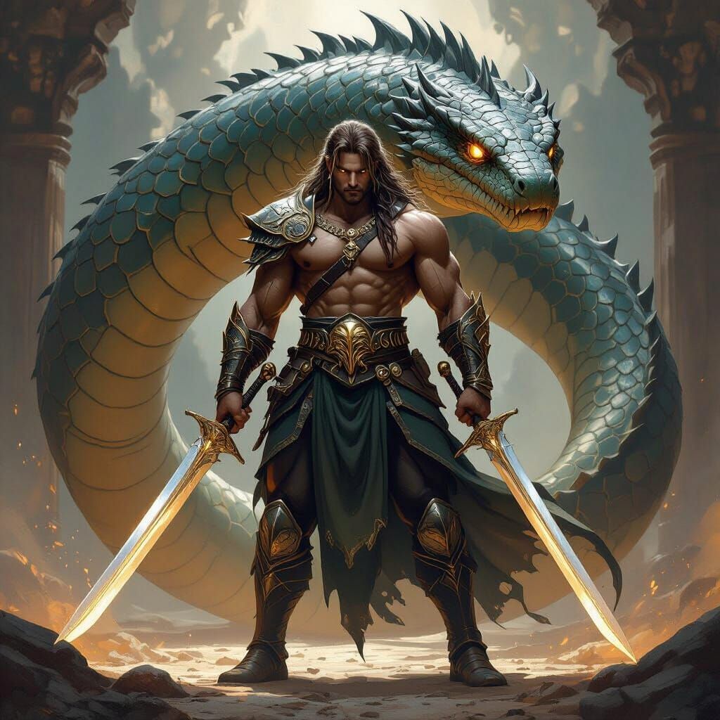 Half-Man, Half-Snake Warrior with Titanoboa