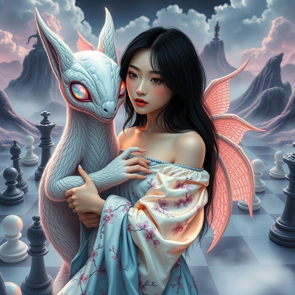 Ethereal Goddess in Fantasy Chessboard Landscape