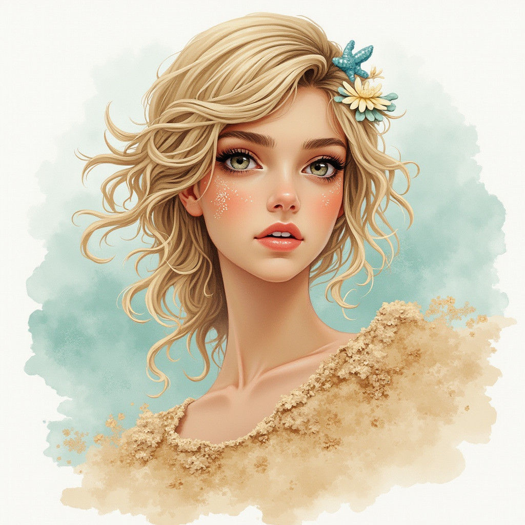 Watercolor Portrait of a Female Sand and Sea Fairy