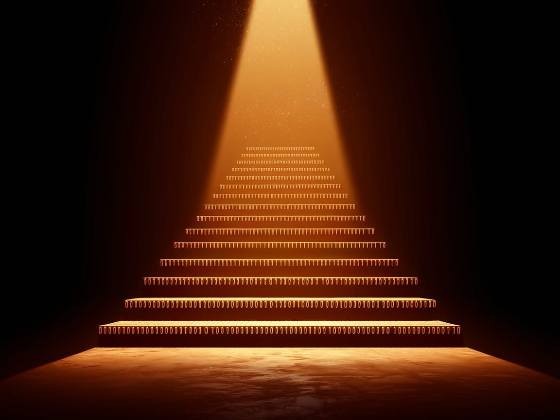 Golden Light Illuminates Binary Code Staircase