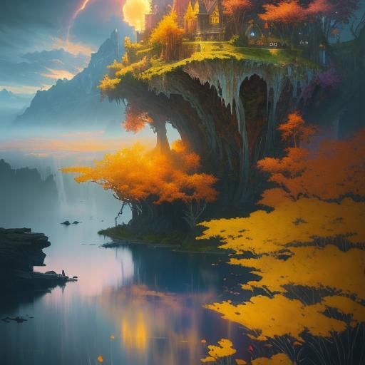 Floating Islands in a Surreal Dark Fantasy Landscape