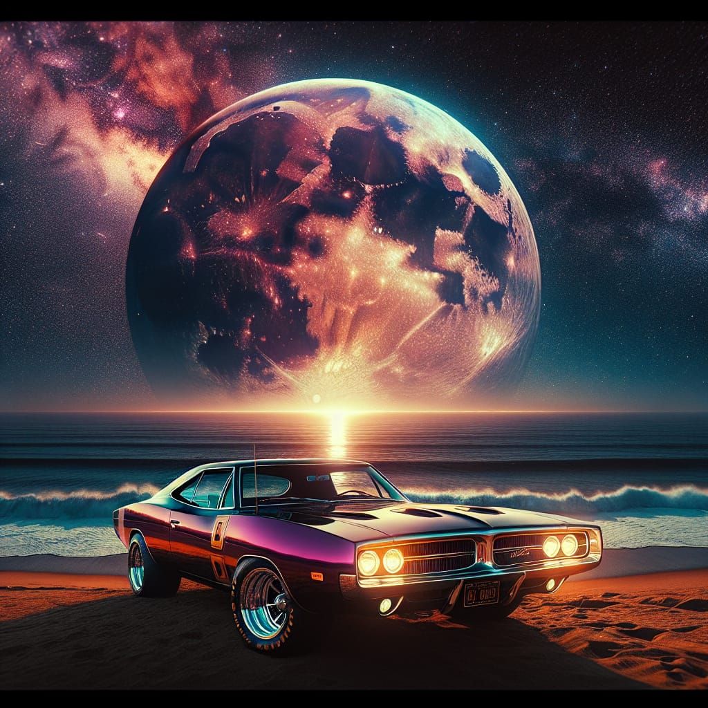 1975 Dodge Charger on Beach Under Full Moon