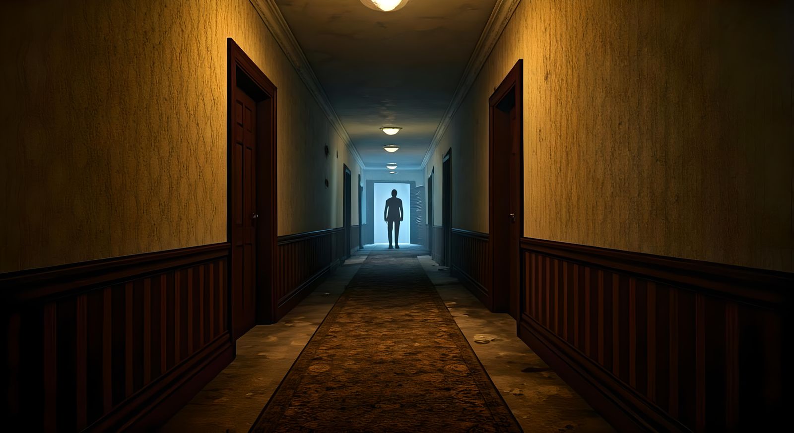 Eerie Hotel Corridor with Approaching Figure