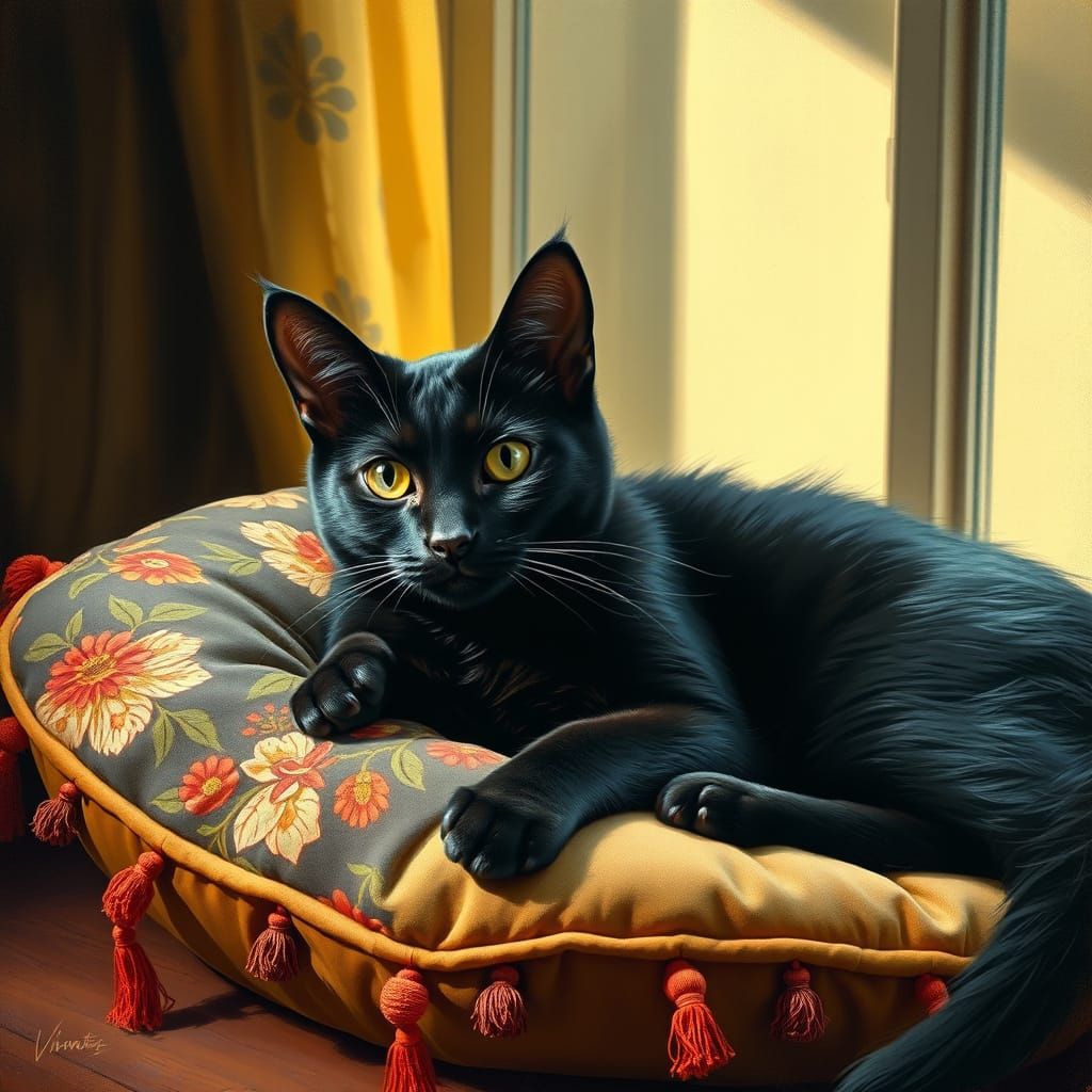 Elegant Black Cat in Whimsical Velvet Surround