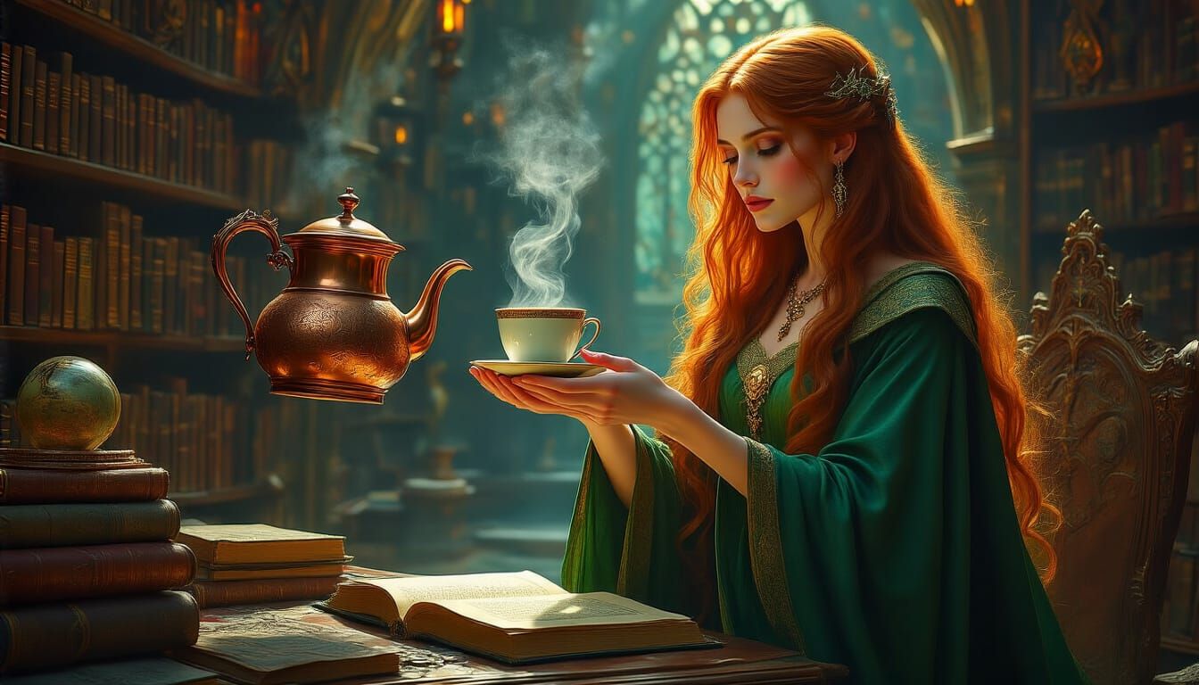 Fantasy Mage in Emerald Robes Receives Coffee in Luminous Li...