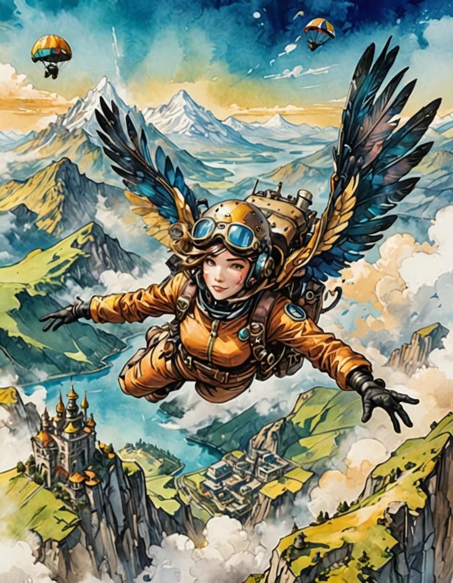 Steampunk Skydiver Soaring Over Fantasy Landscape