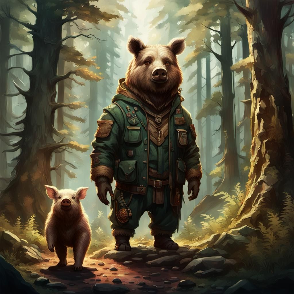 Hyperrealistic Man-Bear-Pig Concept Art in Forest