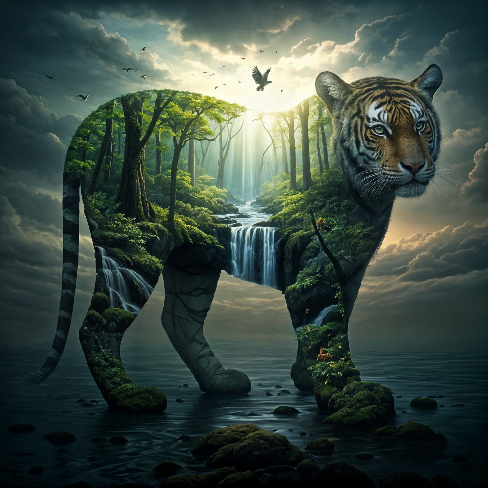 Surreal Tiger Emerges from Lush Landscape