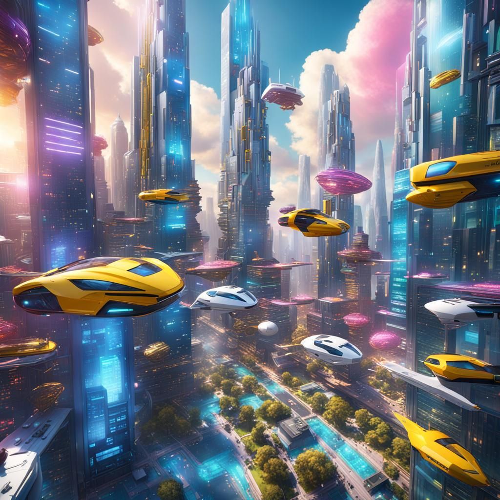 Colorful Futuristic City with Flying Cars