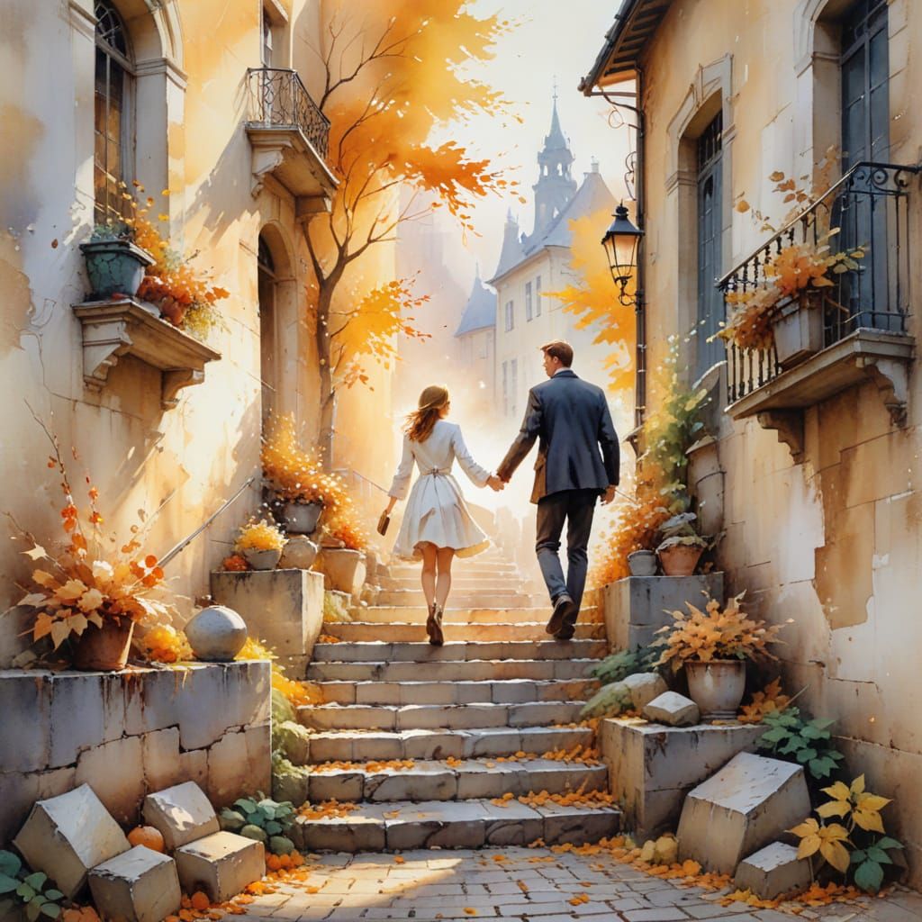 Encounter on Cobblestone Stairs in Autumnal Watercolour Styl...