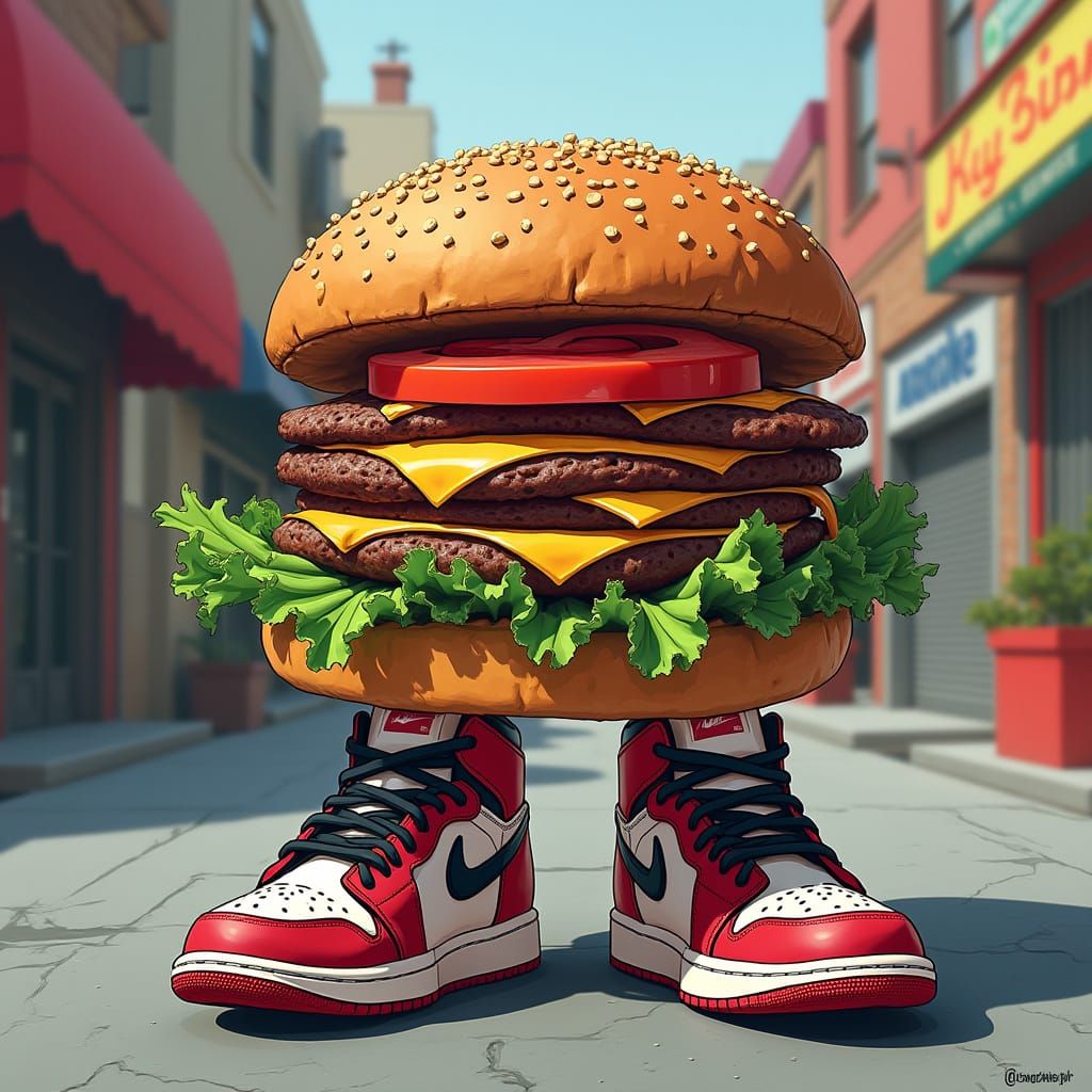 Surreal Hamburger in Nike Jordans, Blending Street Art and F...