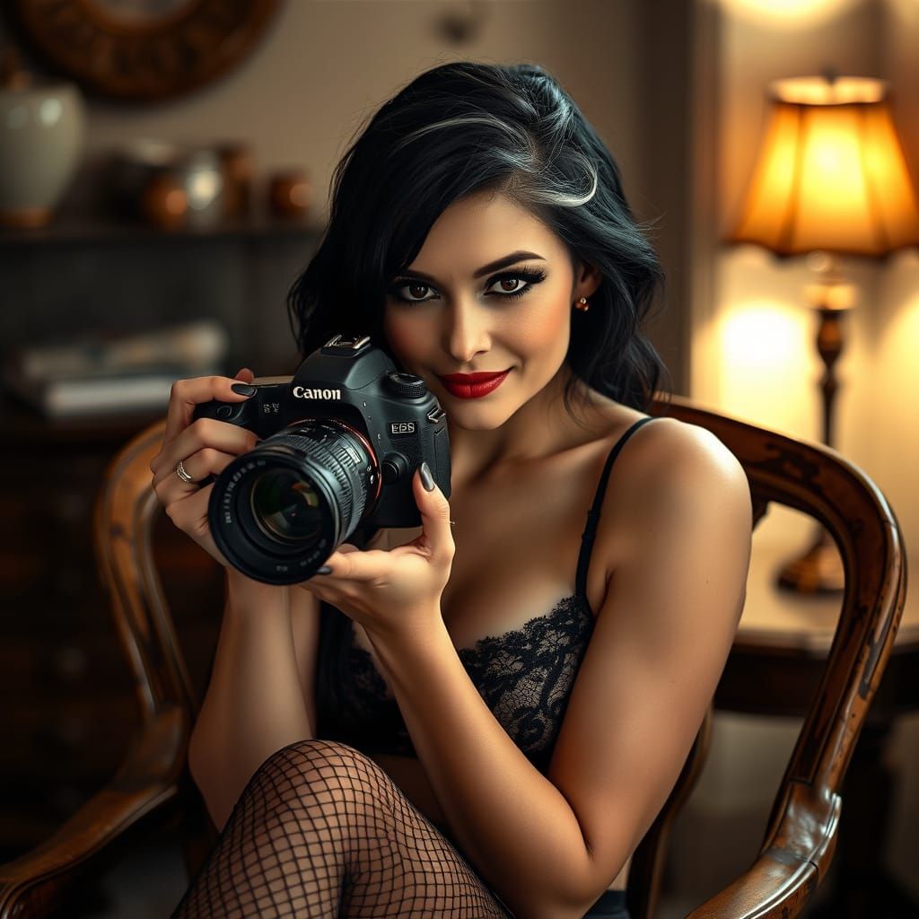 A striking black and white portrait photograph captures a sultry woman seated in a weathered wooden chair, evoking a vin...