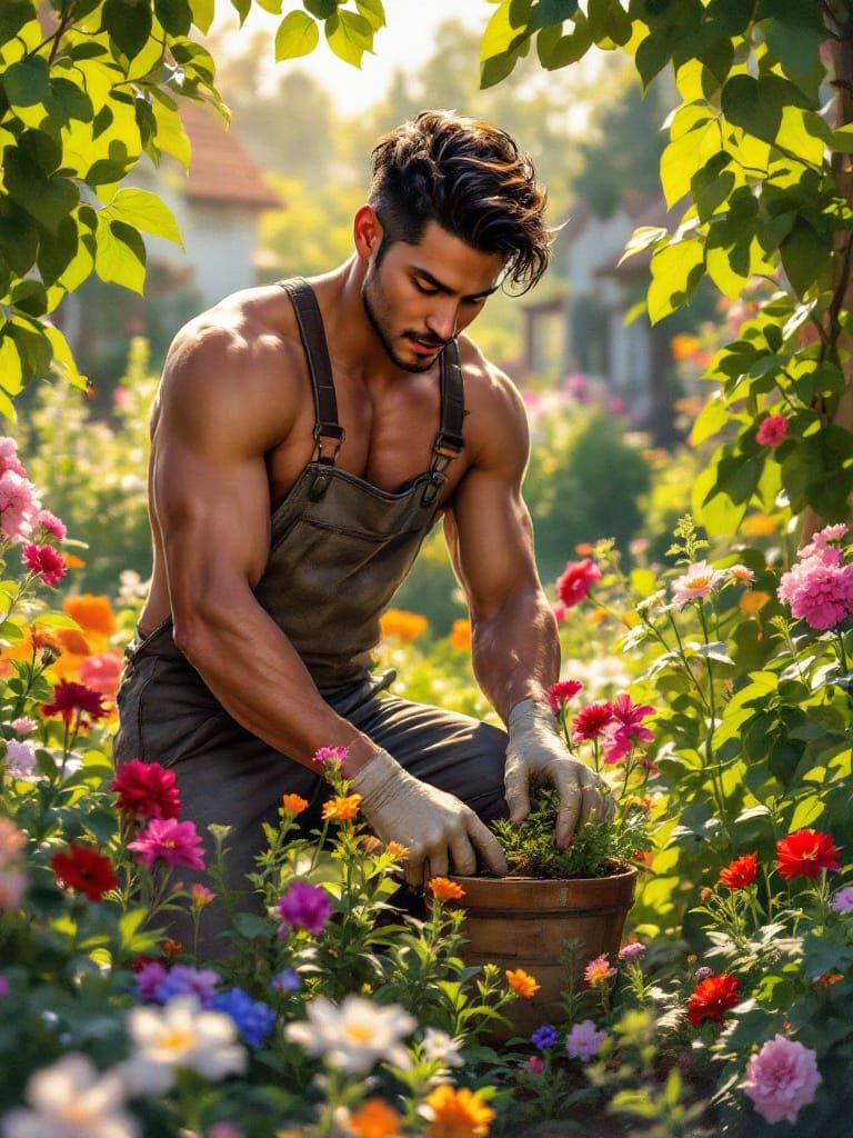 Gay Man Tends Lush Garden in Golden Hour