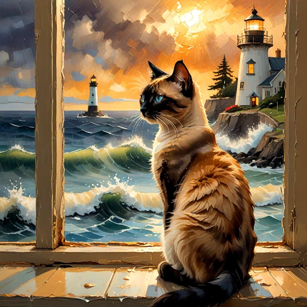 Siamese Cat in Lighthouse During Storm