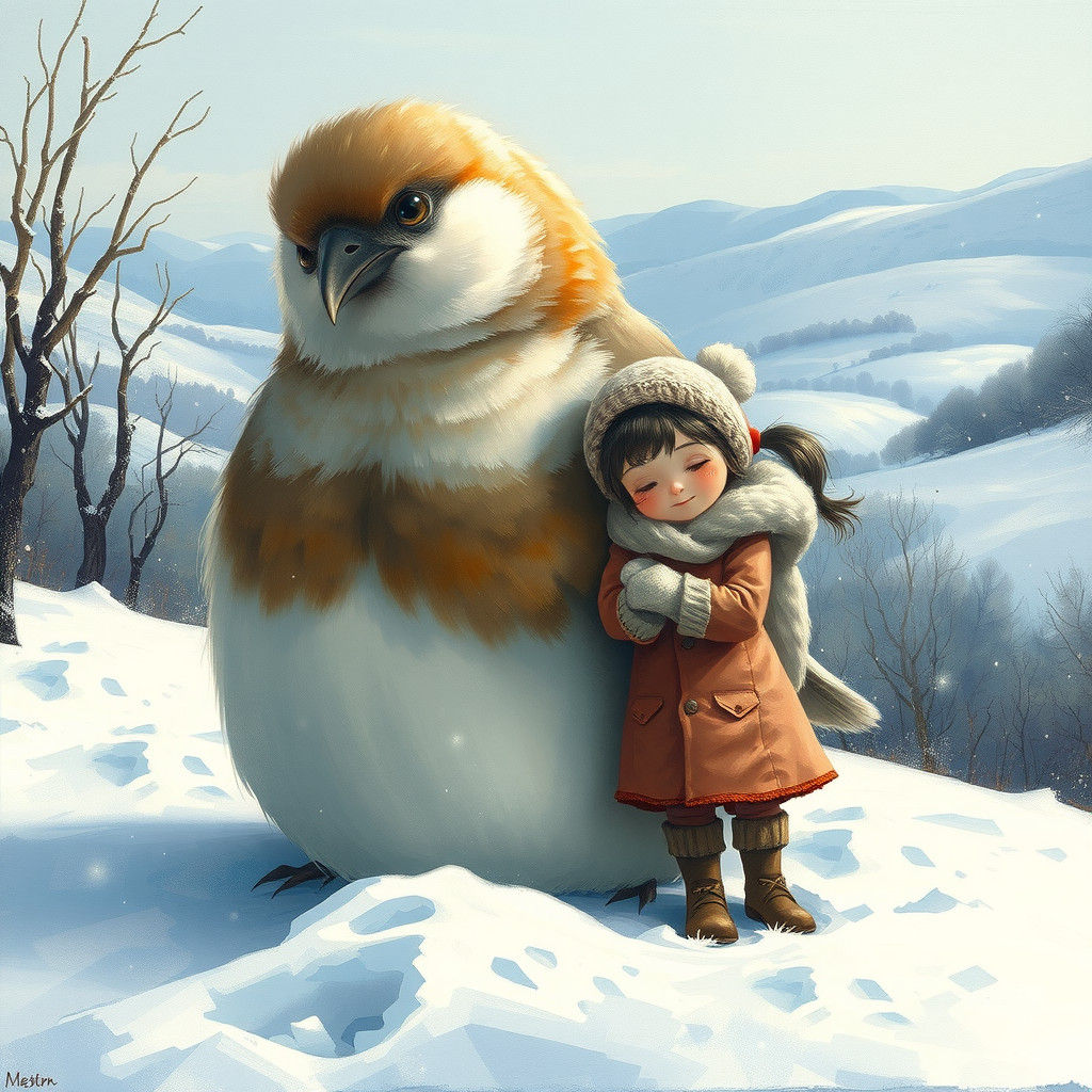 Girl Embracing Giant Sparrow in Winter Landscape