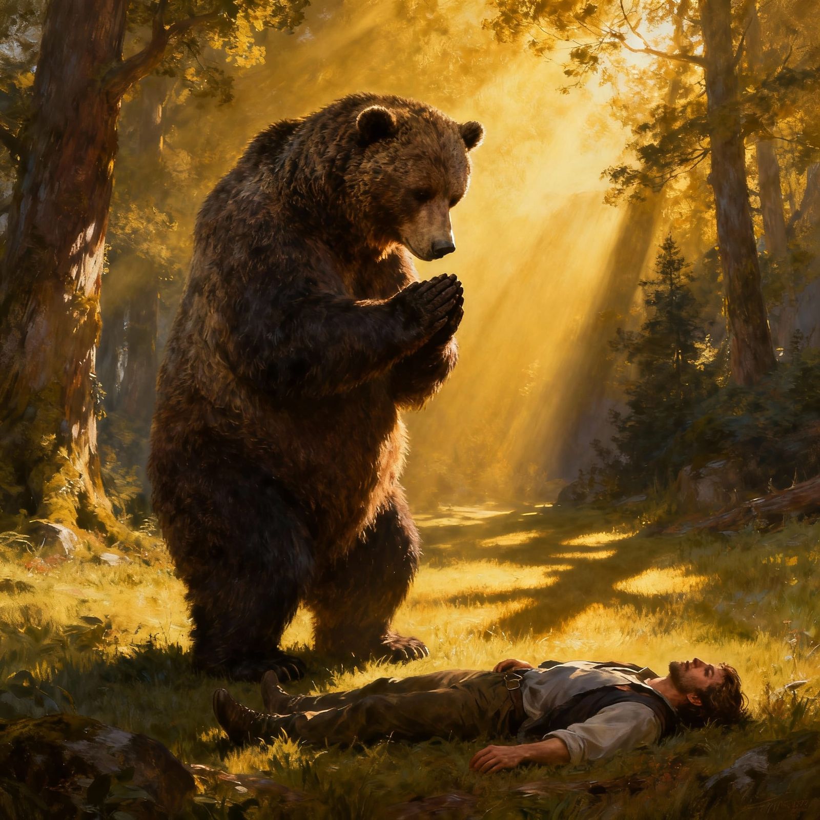 Grizzly Bear in Prayer Over Man in Forest Clearing
