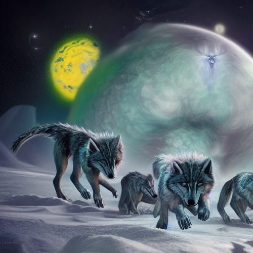 Alien Wolf Pack Attacks Beast in Astral Illustration