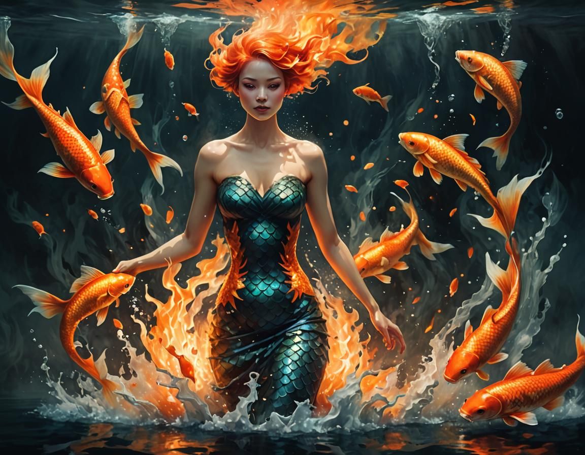 Otherworldly Mermaid with Fire Koi in Dark Fantasy Art