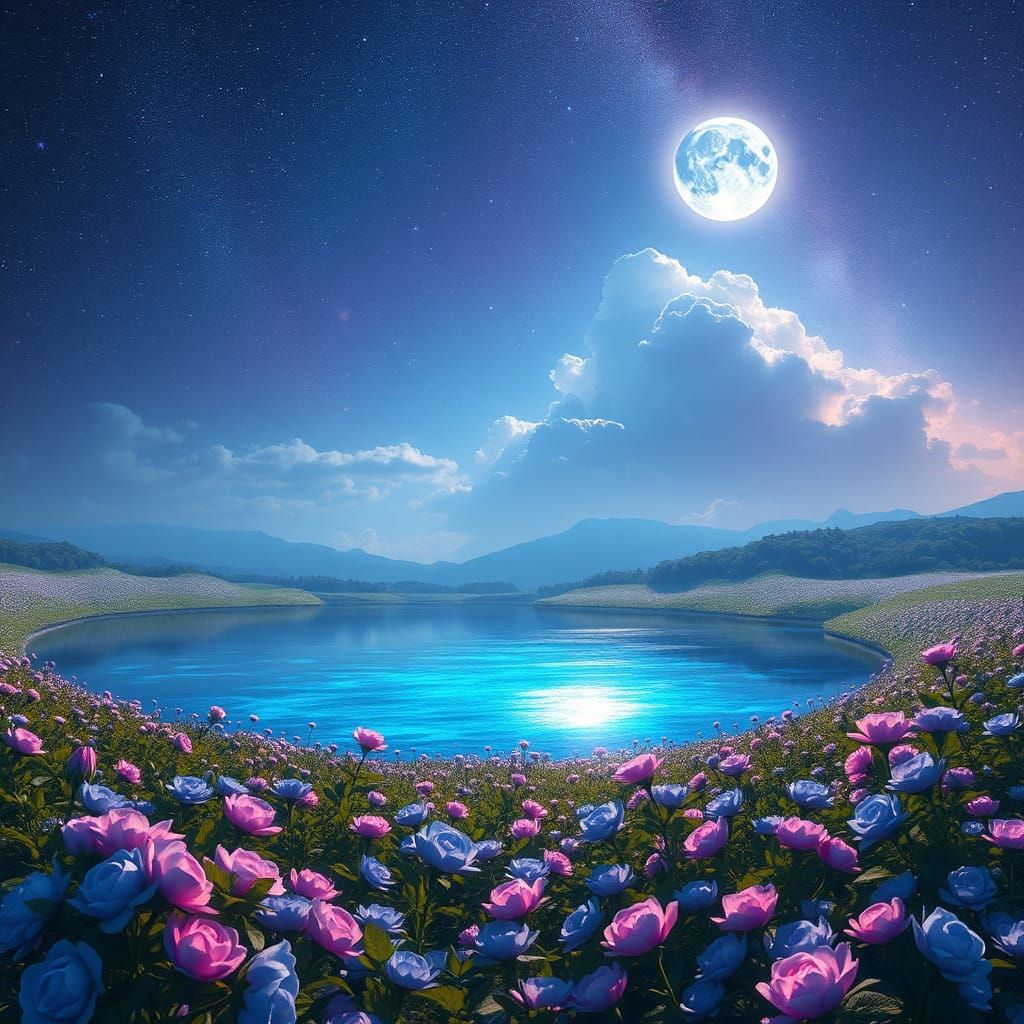 Iridescent Lake with Blue Roses Under Galaxy Sky