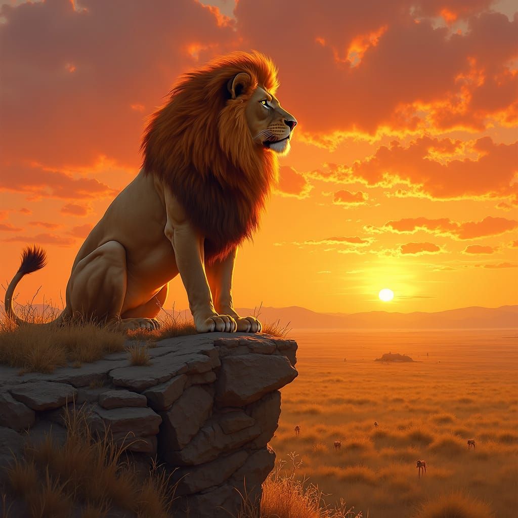 Lion with Fiery Mane at Sunset