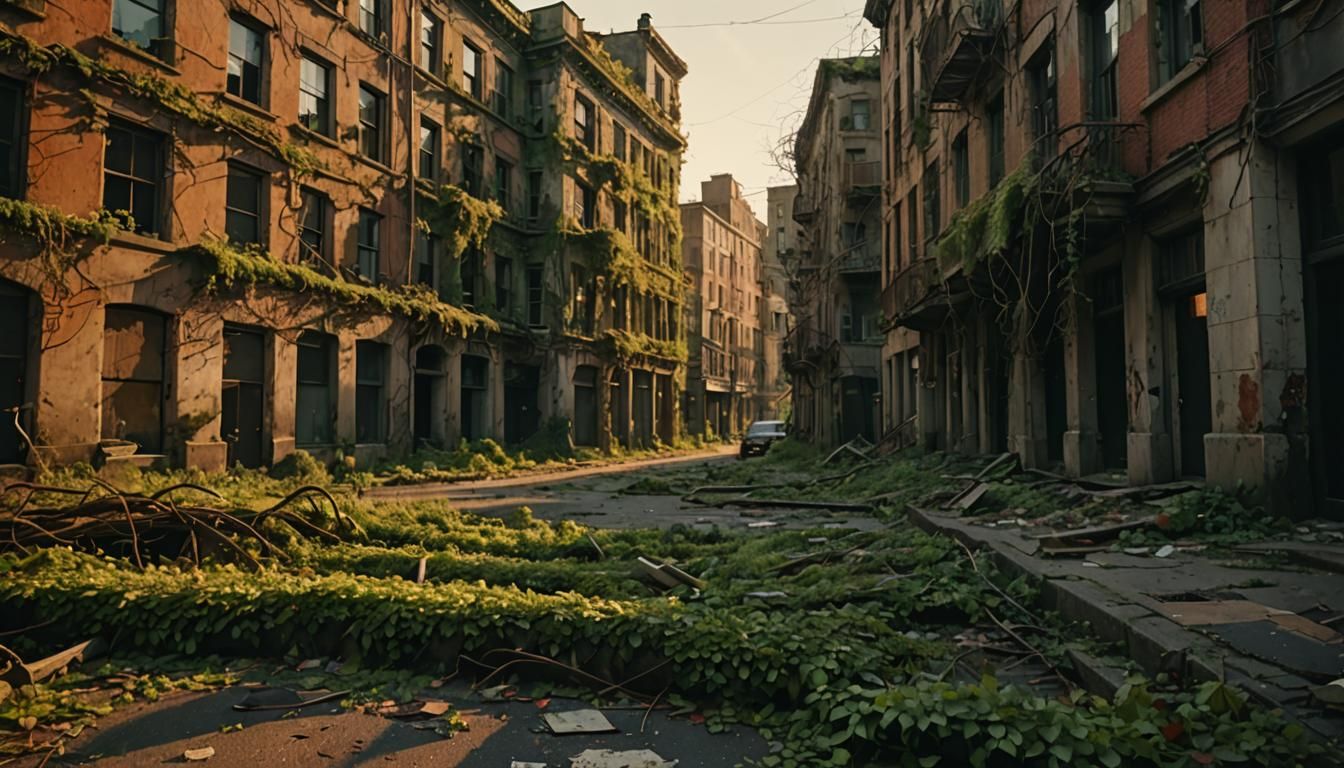 Overgrown Cityscape: A Cinematic Post-Apocalyptic Vision