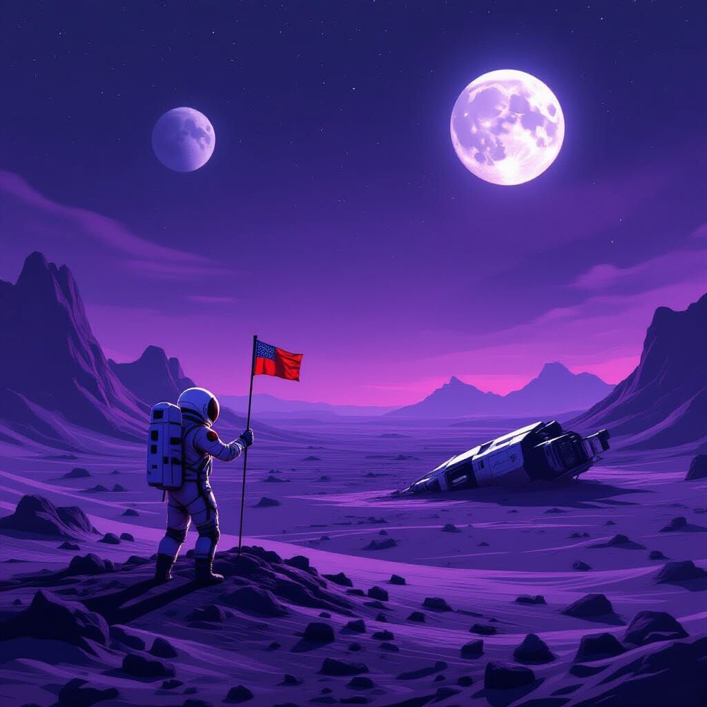 Astronaut Plants Flag on Alien Planet with Two Moons