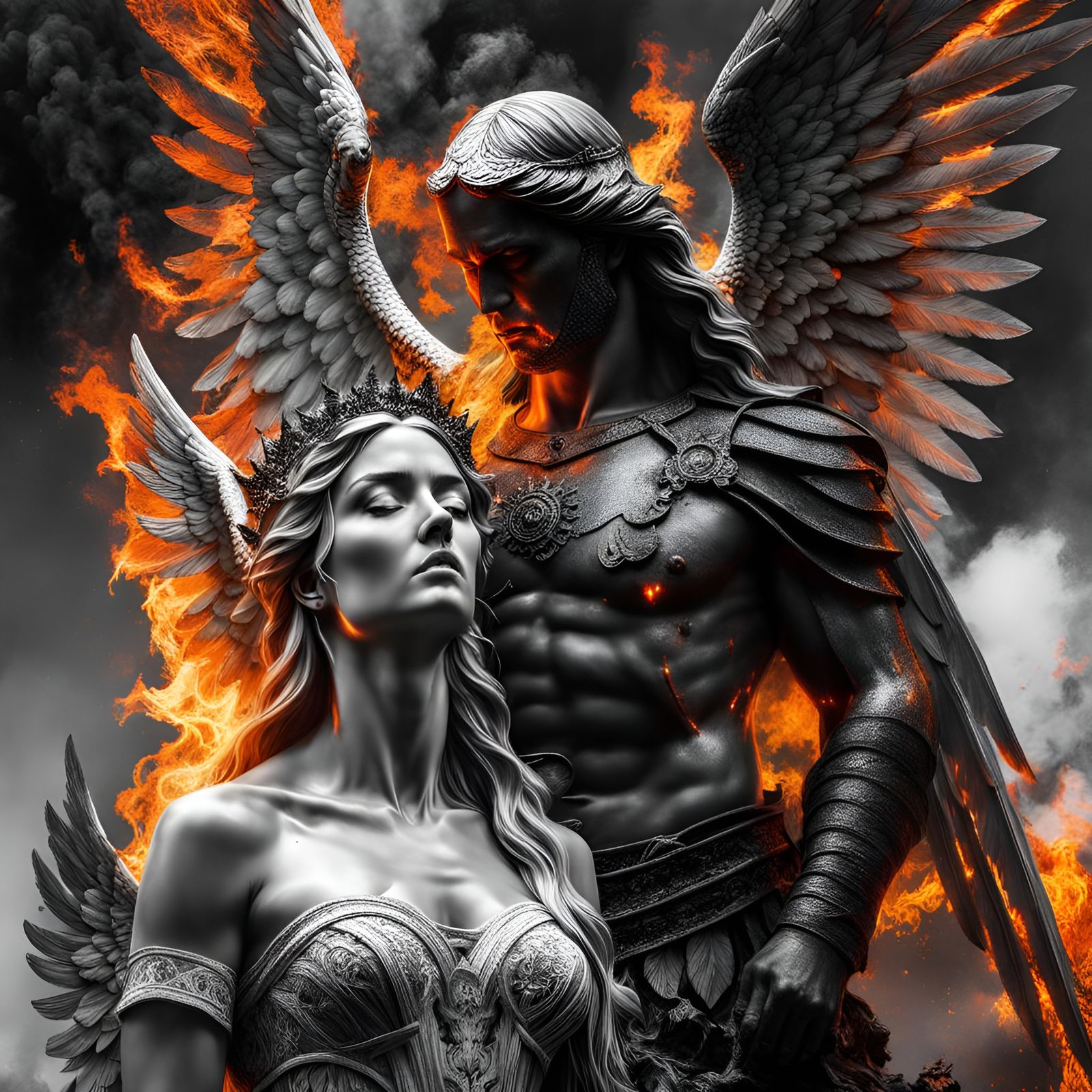 Greyscale double exposure photography: layers🔥Angel and 🔥devil. Bringers of death and fire. hyperdetailed, photo reali...