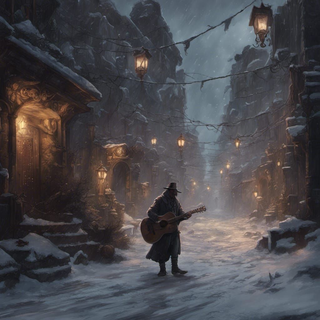 Lone Guitarist in Snowy Streets: Dark Fantasy Art