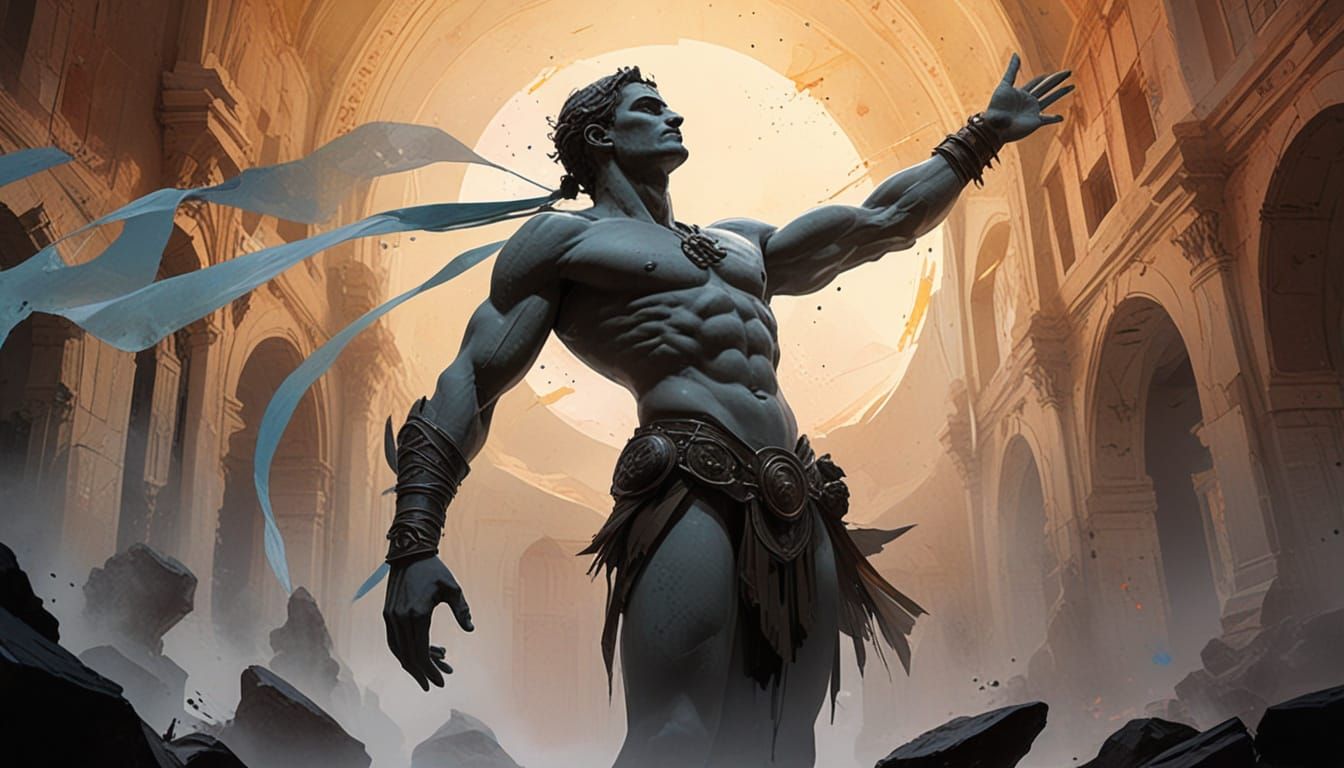 Spartan in Crumbling Marble Sanctum, Watercolor Style