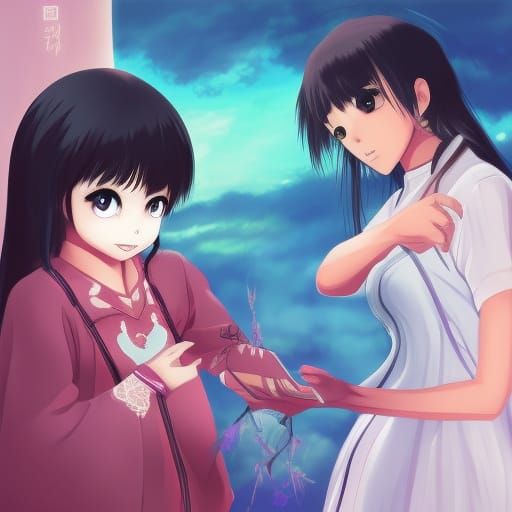 Asian Goth Woman Teaches Daughter: Anime Style